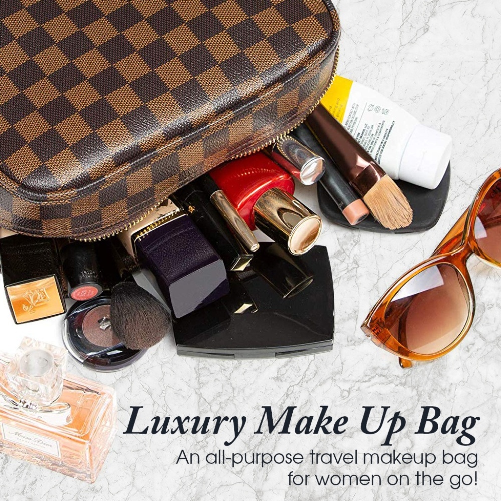 Luxouria Leather Checkered Makeup Bag (Brown) - Picture 5 of 6